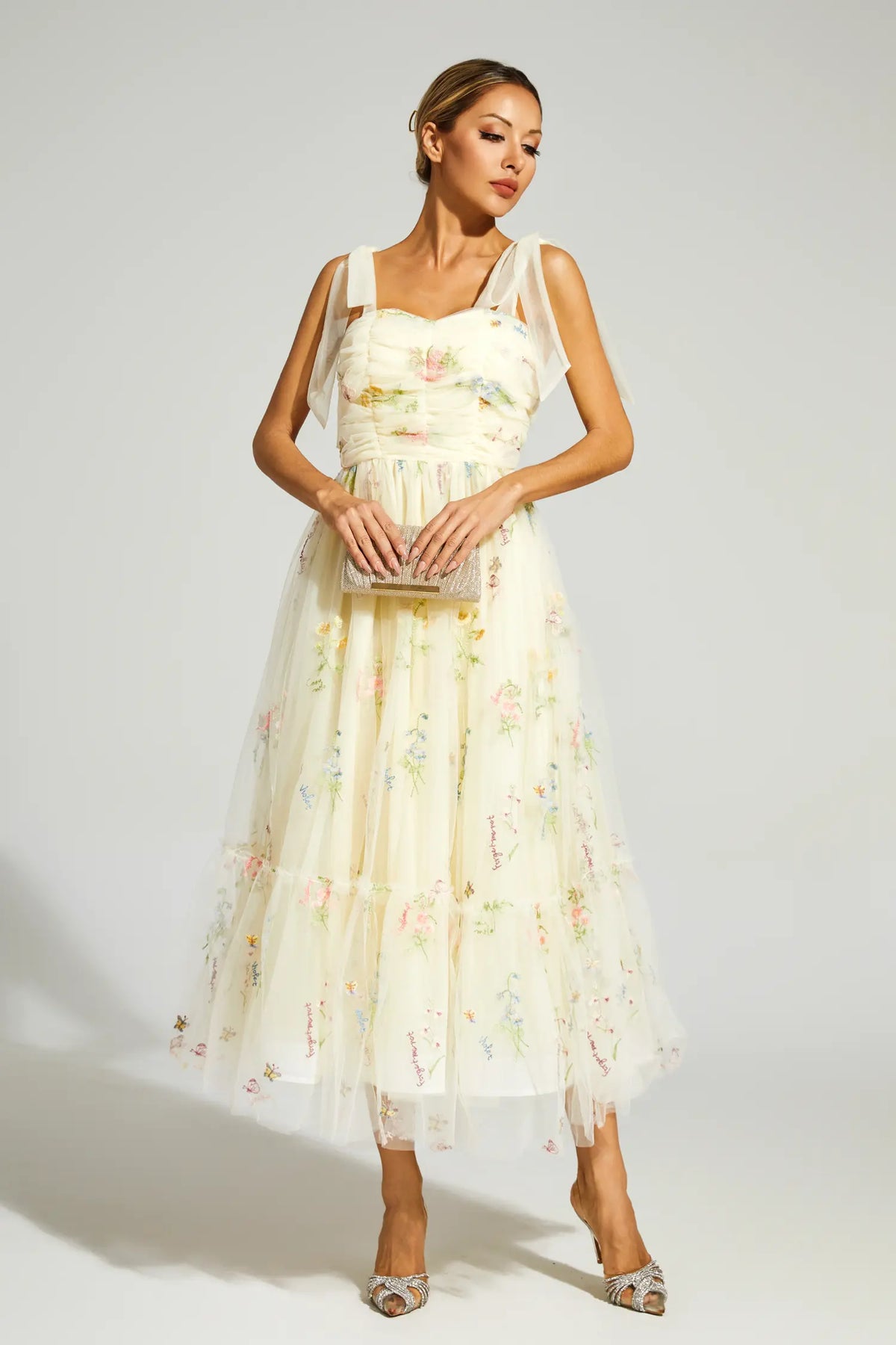 Oswald Pale Yellow Flower Mesh Midi Dress