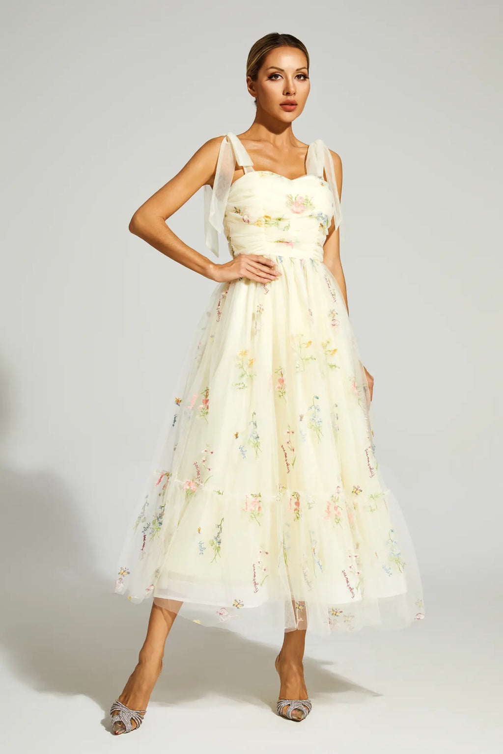 Oswald Pale Yellow Flower Mesh Midi Dress