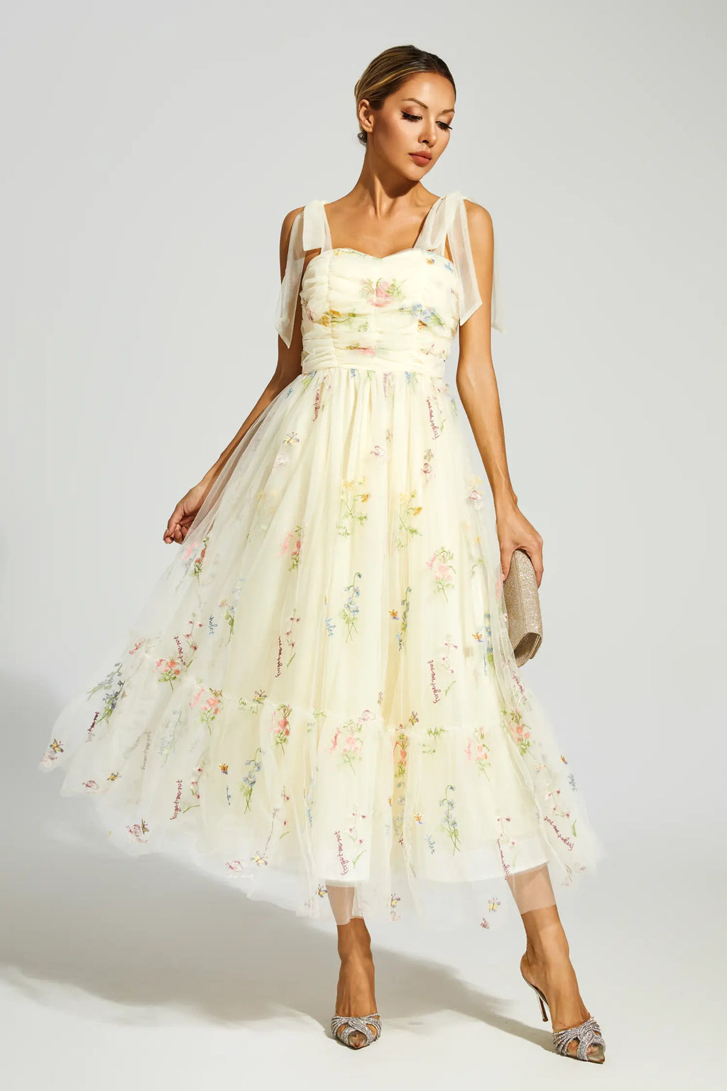Oswald Pale Yellow Flower Mesh Midi Dress