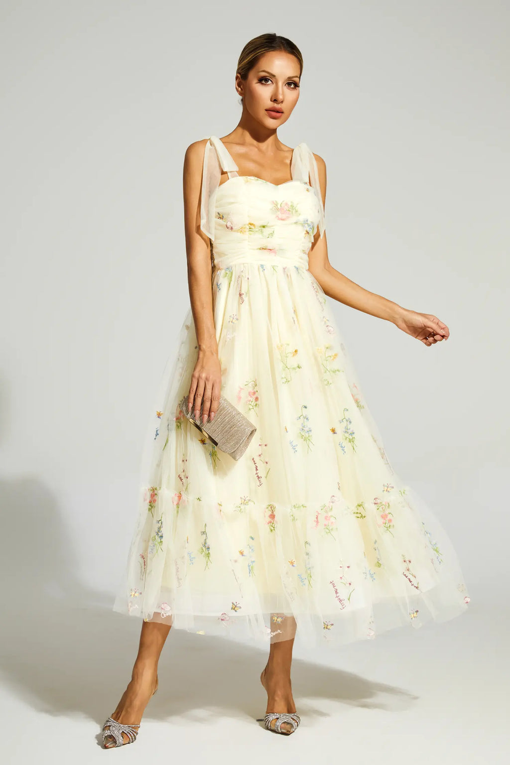 Oswald Pale Yellow Flower Mesh Midi Dress