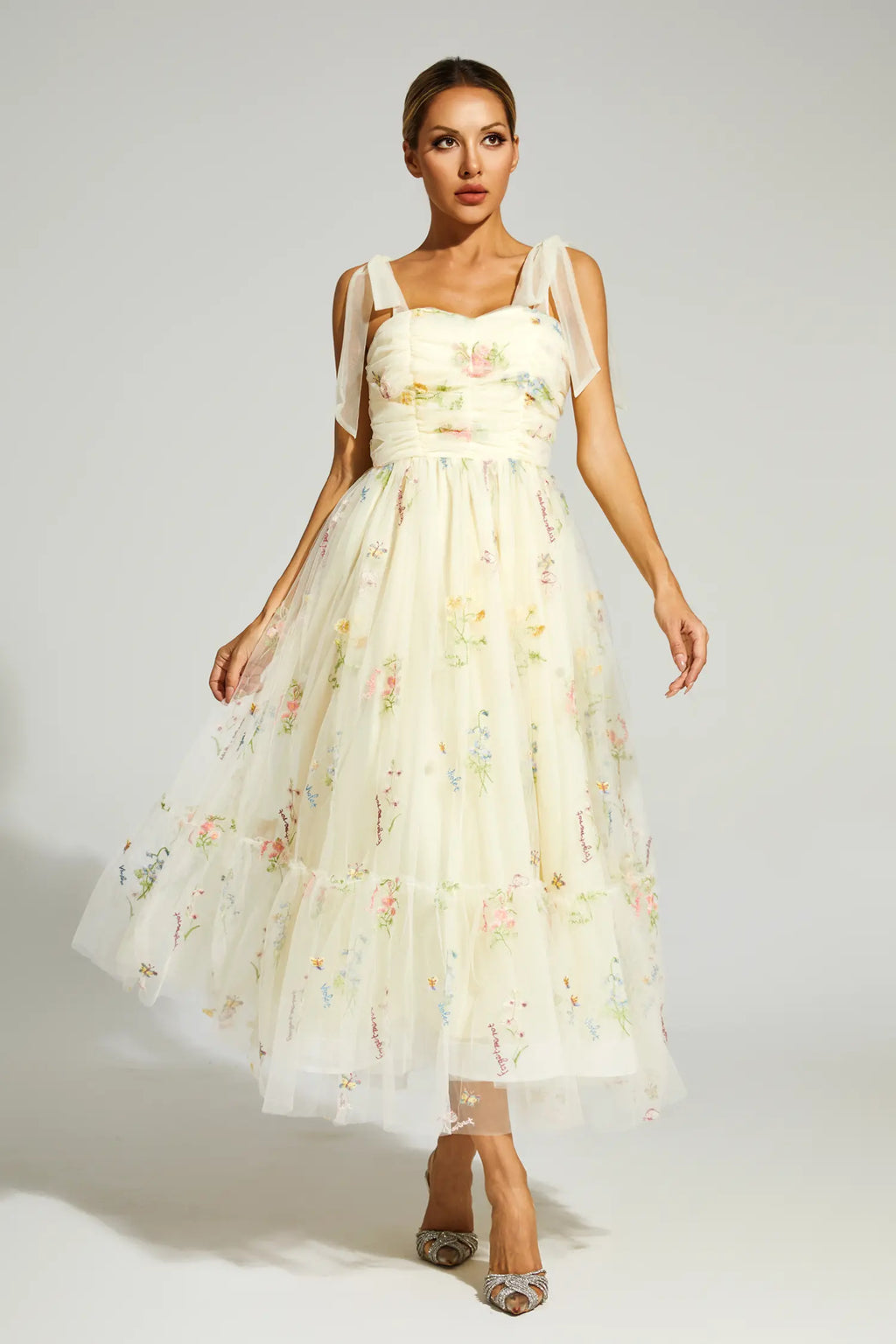 Oswald Pale Yellow Flower Mesh Midi Dress