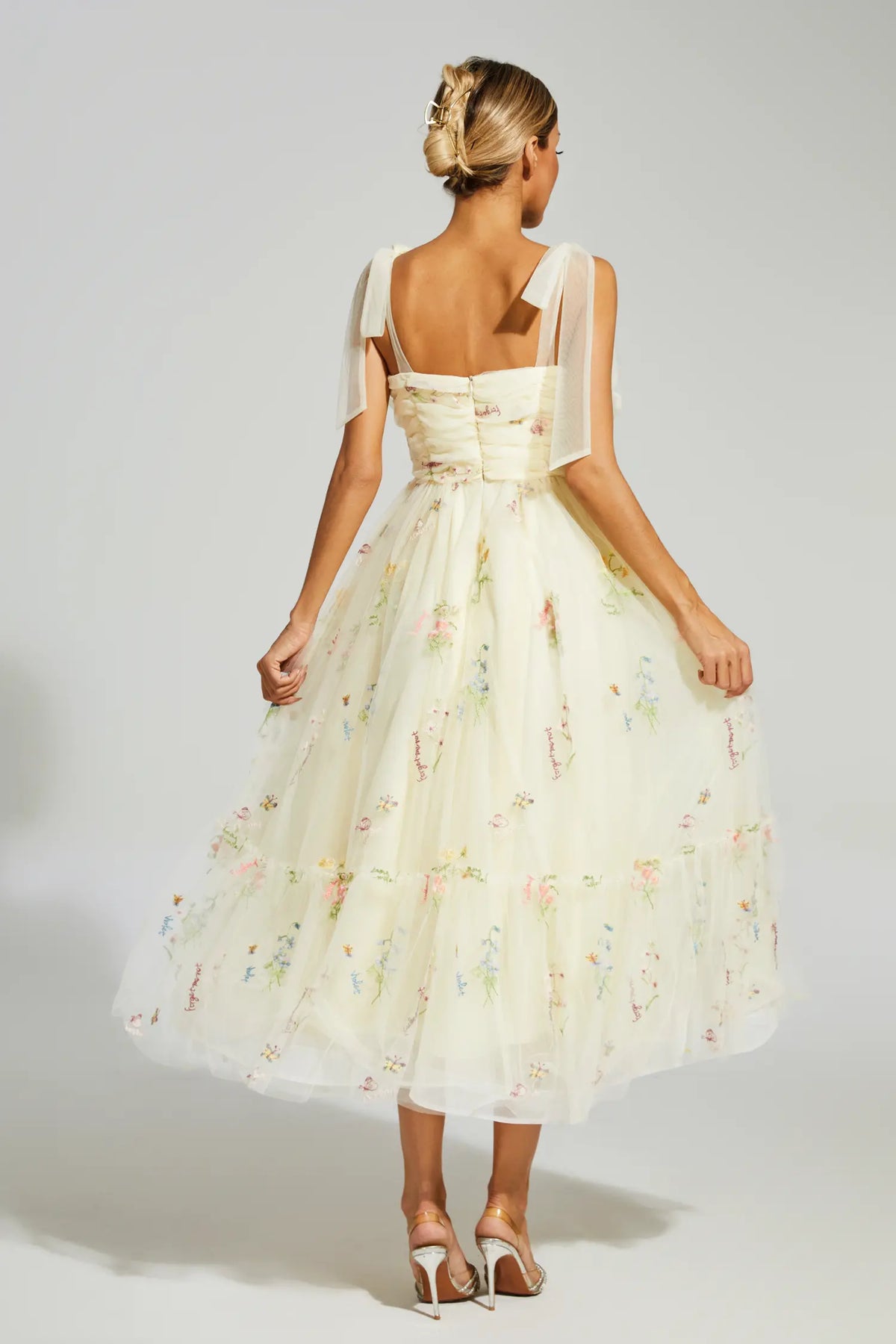 Oswald Pale Yellow Flower Mesh Midi Dress