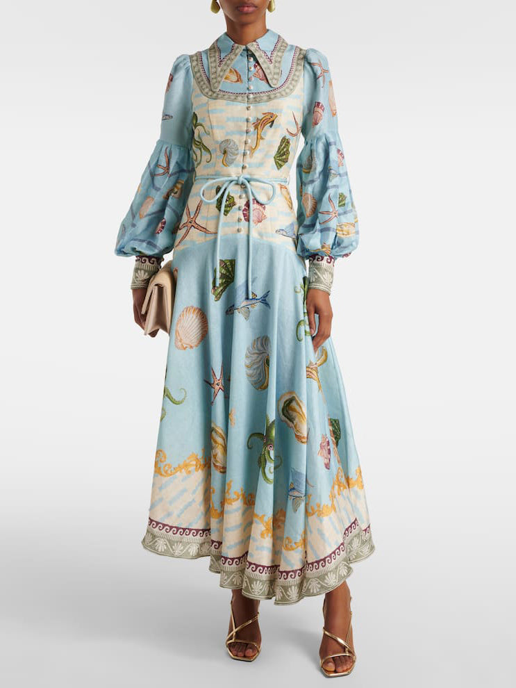 Unique Deep Sea Print Single Breasted Midi Dress