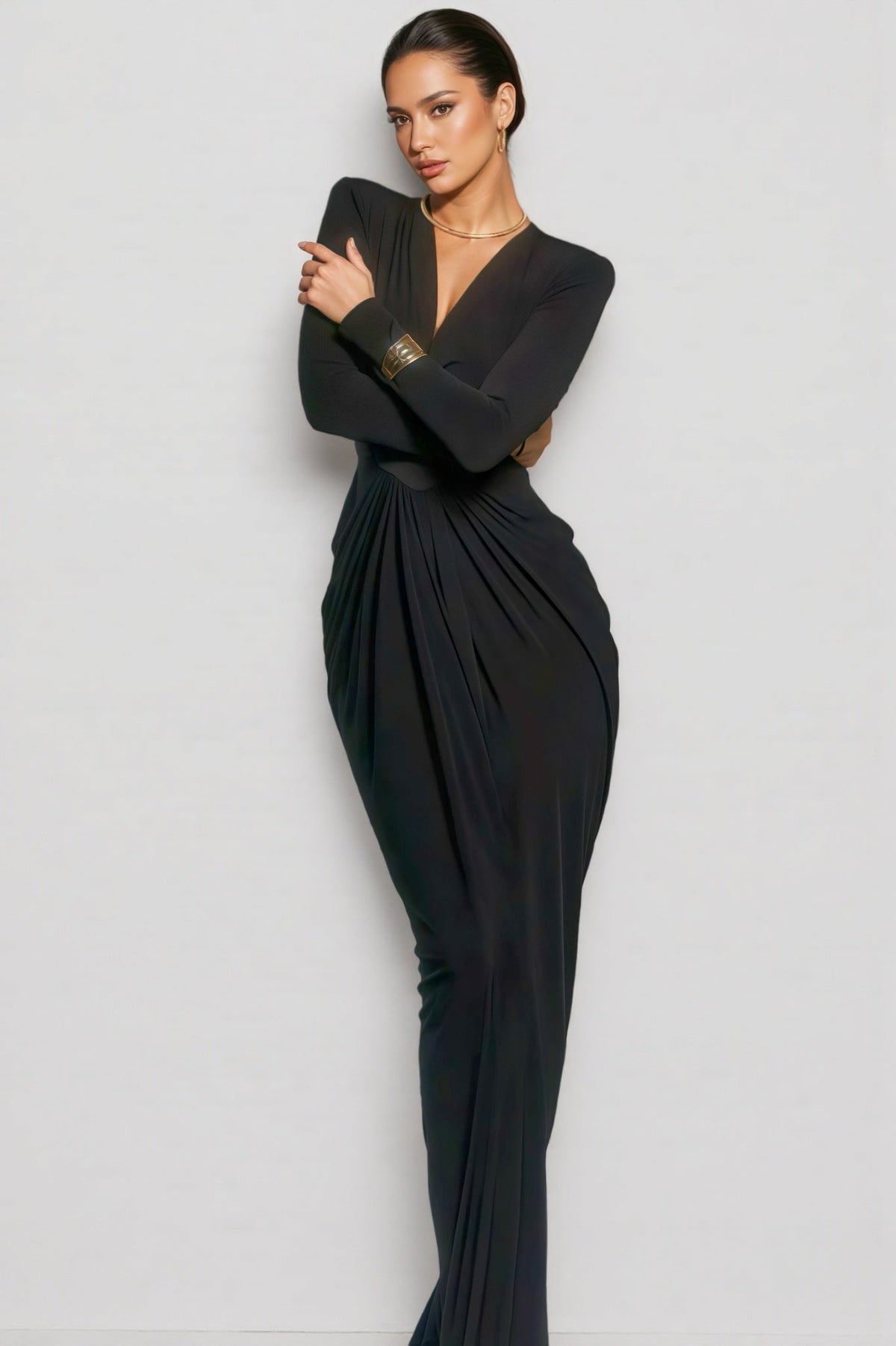 Lynn V-neck Long Sleeve Split Maxi Dress