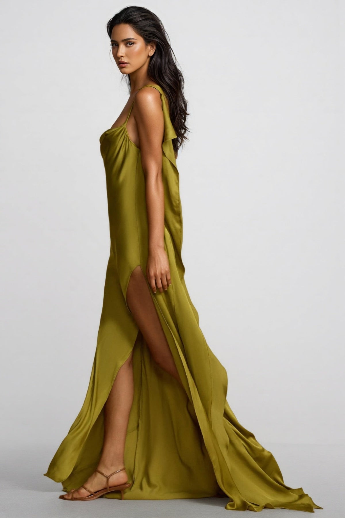 Lelia Satin Backless Frill Maxi Dress