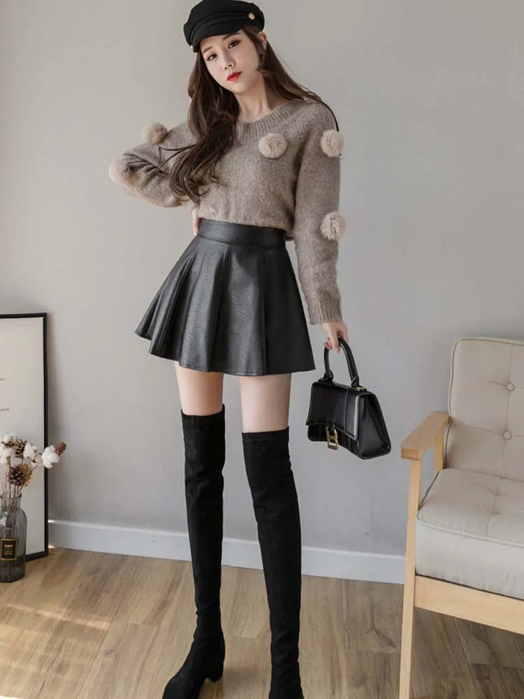 Pu Pleated Skirt Autumn Color Leather Winter Skirts Slim High Waist Saia Faldas Zipper Mini Skirt