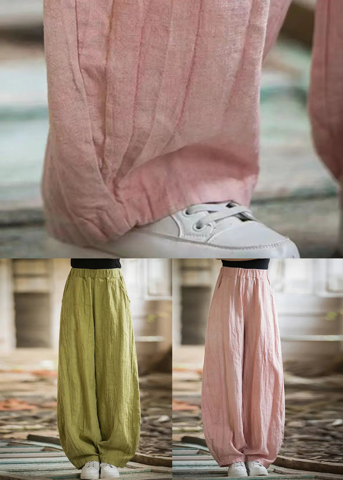 Green Pockets Elastic Waist Linen Pants Summer Cg1053