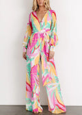 Pink Lace Up High Waist Chiffon Jumpsuits V Neck Fall Au1006