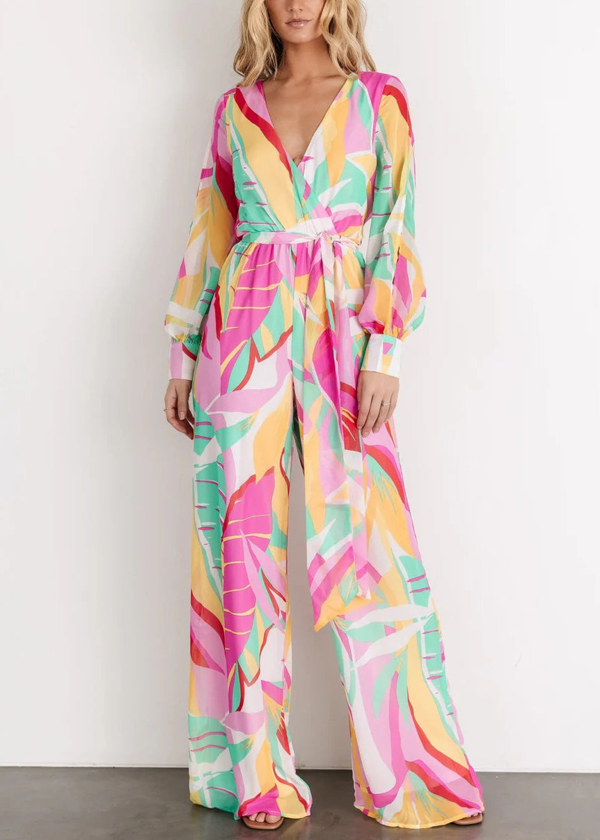Pink Lace Up High Waist Chiffon Jumpsuits V Neck Fall Au1006