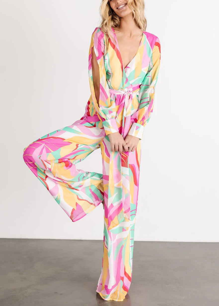 Pink Lace Up High Waist Chiffon Jumpsuits V Neck Fall Au1006