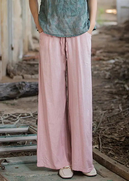 Pink Pockets Linen Wide Leg Pants Elastic Waist Cg1036