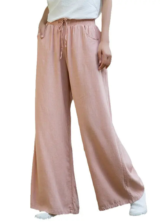 Pink Pockets Linen Wide Leg Pants Elastic Waist Cg1036