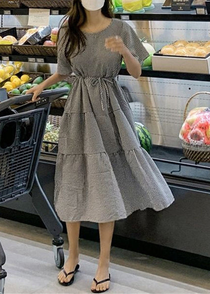 Plaid Knotted Ruffle Round Neck Short Sleeve Maxi Dress Lc0015