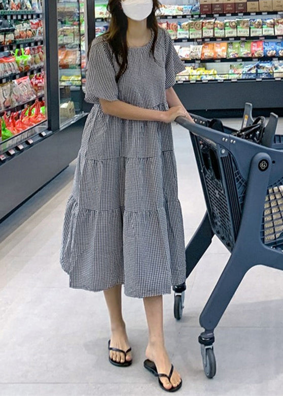 Plaid Knotted Ruffle Round Neck Short Sleeve Maxi Dress Lc0015