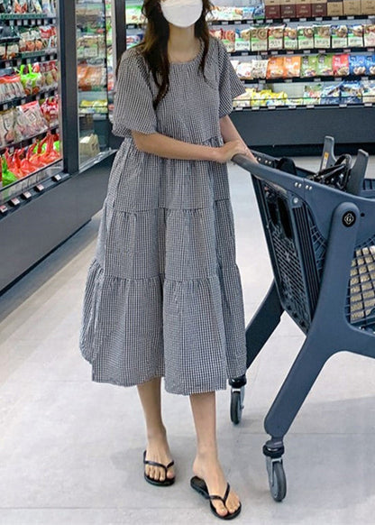 Plaid Knotted Ruffle Round Neck Short Sleeve Maxi Dress Lc0015