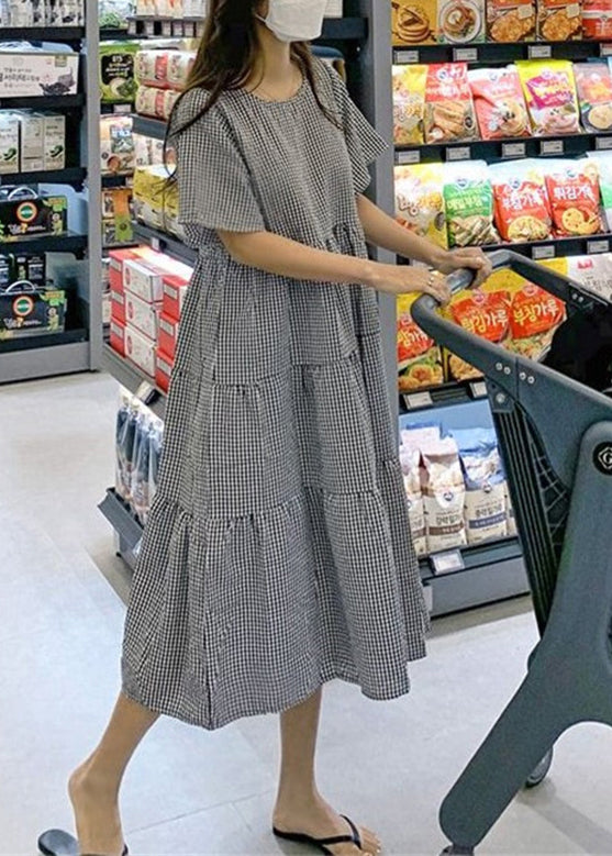 Plaid Knotted Ruffle Round Neck Short Sleeve Maxi Dress Lc0015