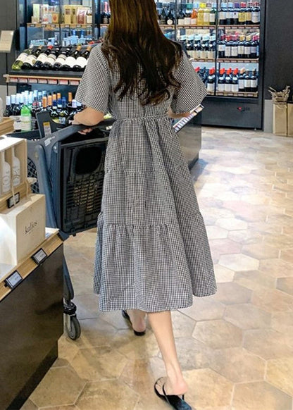 Plaid Knotted Ruffle Round Neck Short Sleeve Maxi Dress Lc0015