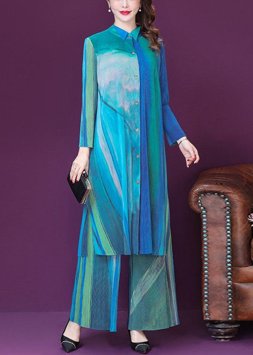 Blue Print Side Open Silk Long Shirt and Wide Leg Pants Two Pieces Set Spring Ly1017