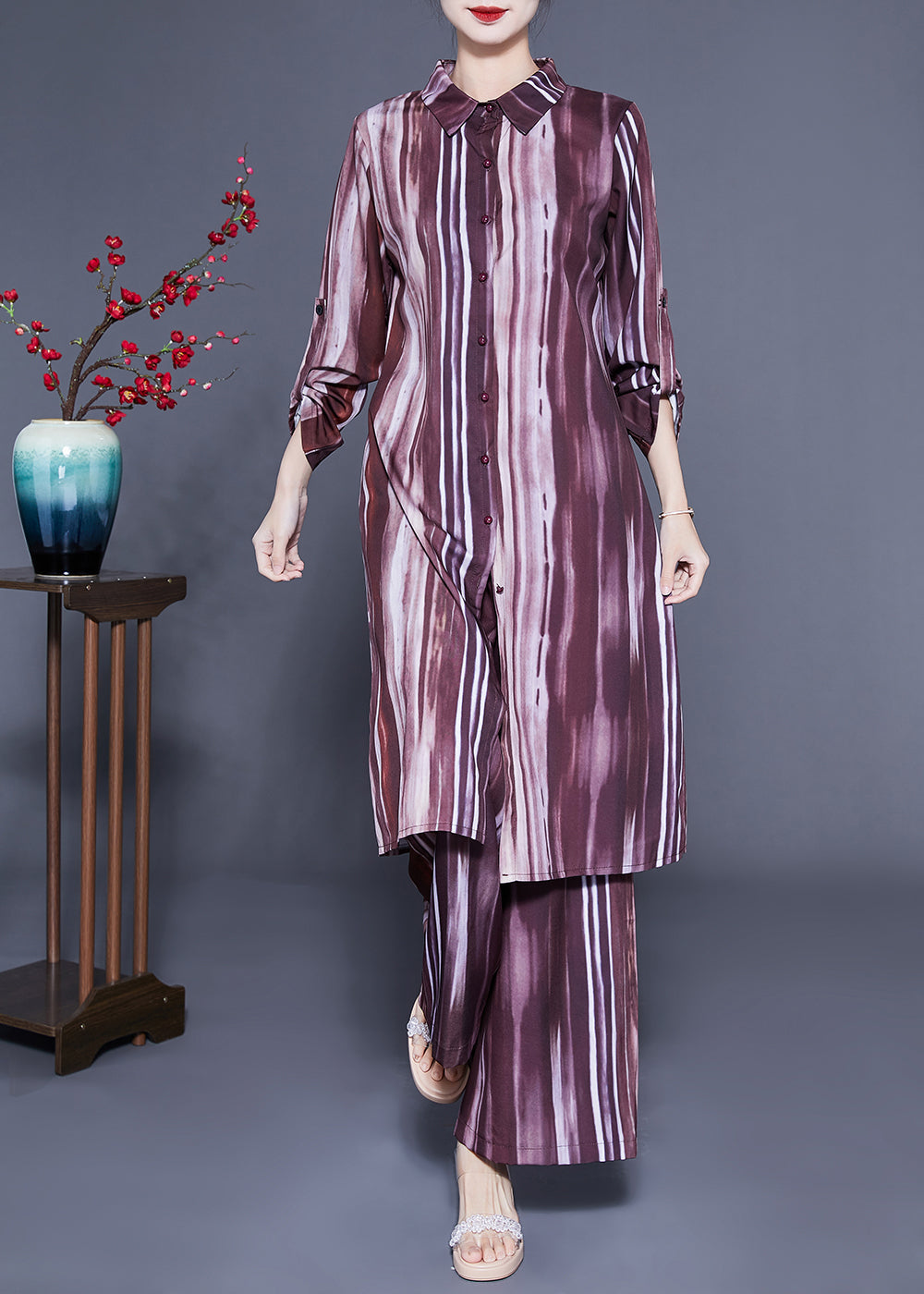 Brown Peter Pan Collar Tie Dye Silk Long Shirt and Straight Pants Two Pieces Set Spring Lc0409