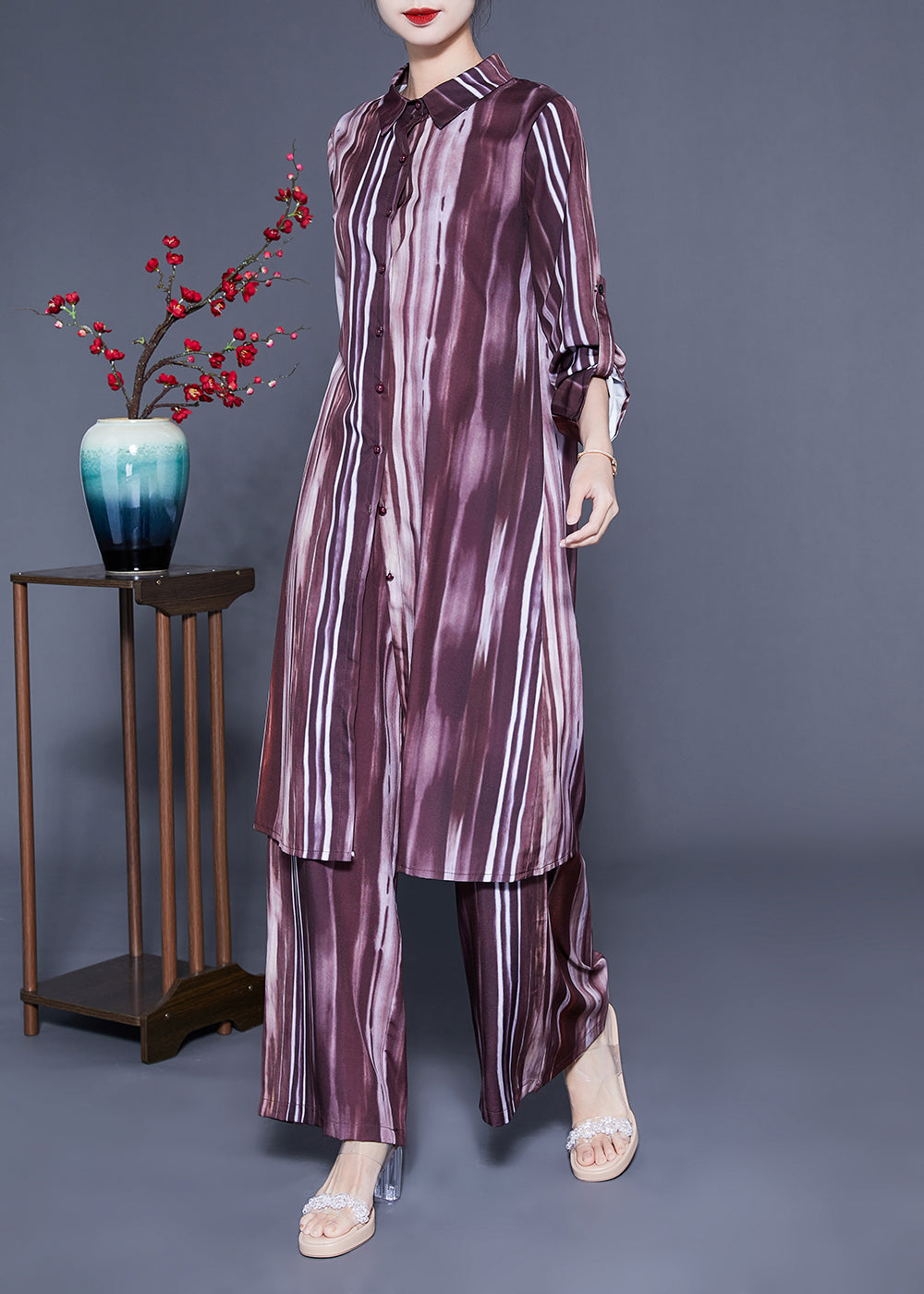 Brown Peter Pan Collar Tie Dye Silk Long Shirt and Straight Pants Two Pieces Set Spring Lc0409