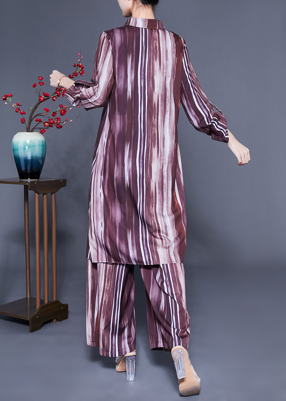 Brown Peter Pan Collar Tie Dye Silk Long Shirt and Straight Pants Two Pieces Set Spring Lc0409