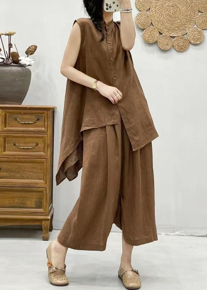 Coffee Stand Collar Asymmetrical Patchwork Linen Waistcoat and Crop Pants Two Pieces Set Summer Vv075
