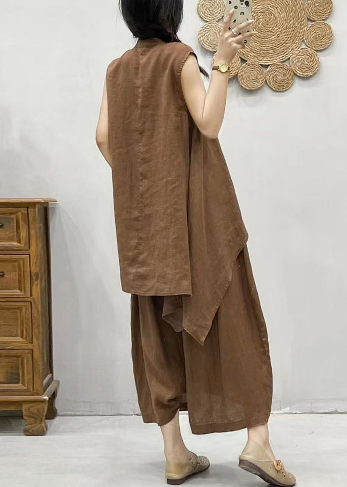 Coffee Stand Collar Asymmetrical Patchwork Linen Waistcoat and Crop Pants Two Pieces Set Summer Vv075