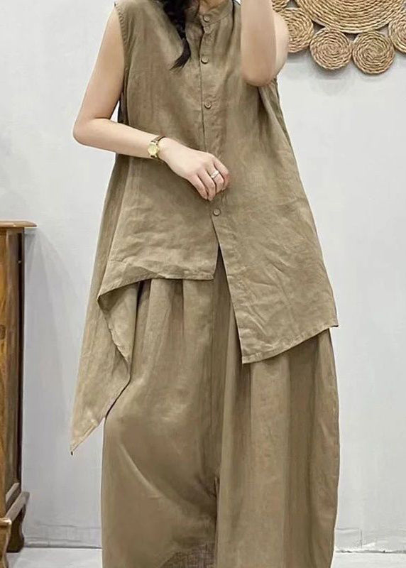 Coffee Stand Collar Asymmetrical Patchwork Linen Waistcoat and Crop Pants Two Pieces Set Summer Vv075