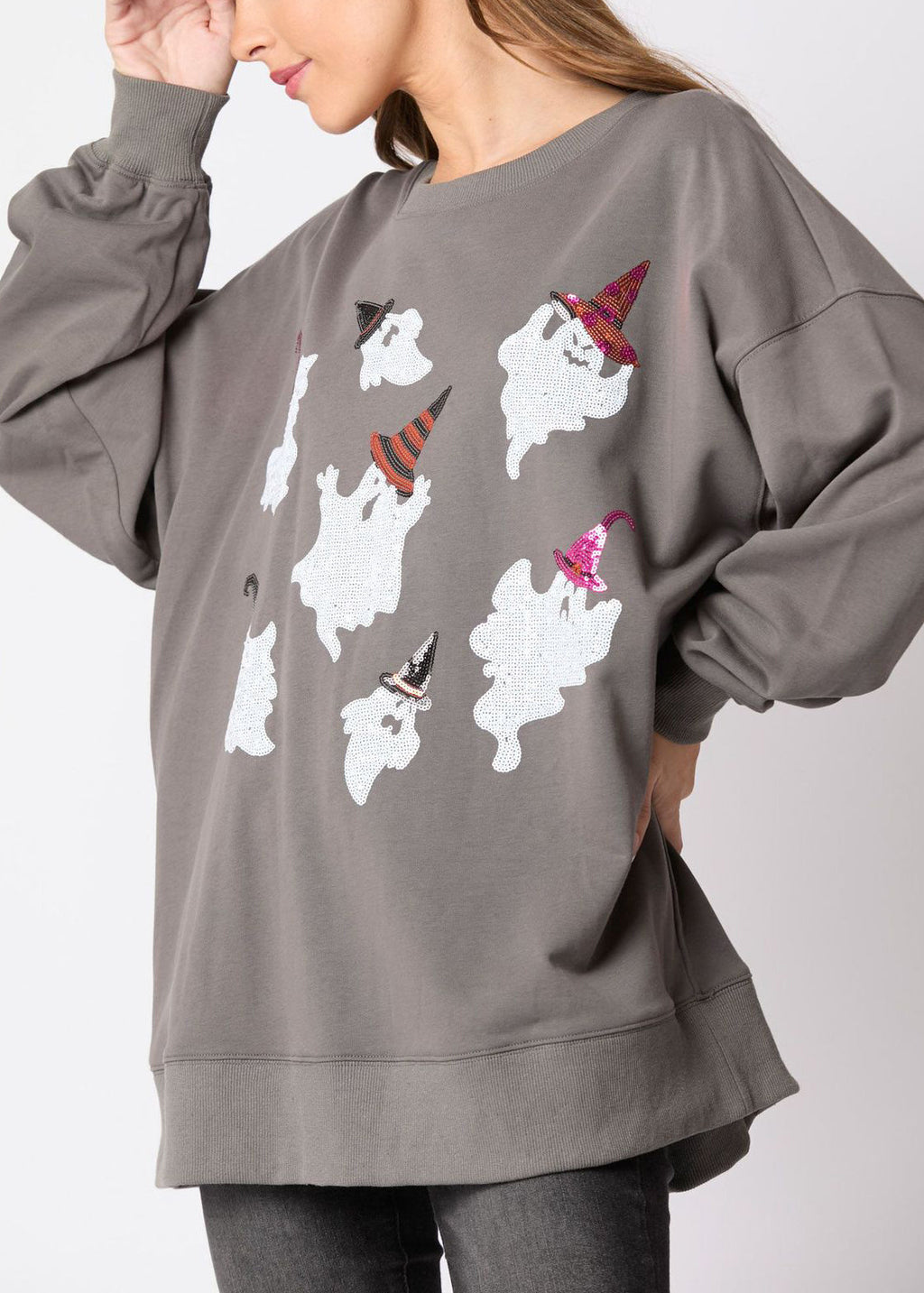 Grey O Neck Print Cotton Sweatshirts Fall Ae1035