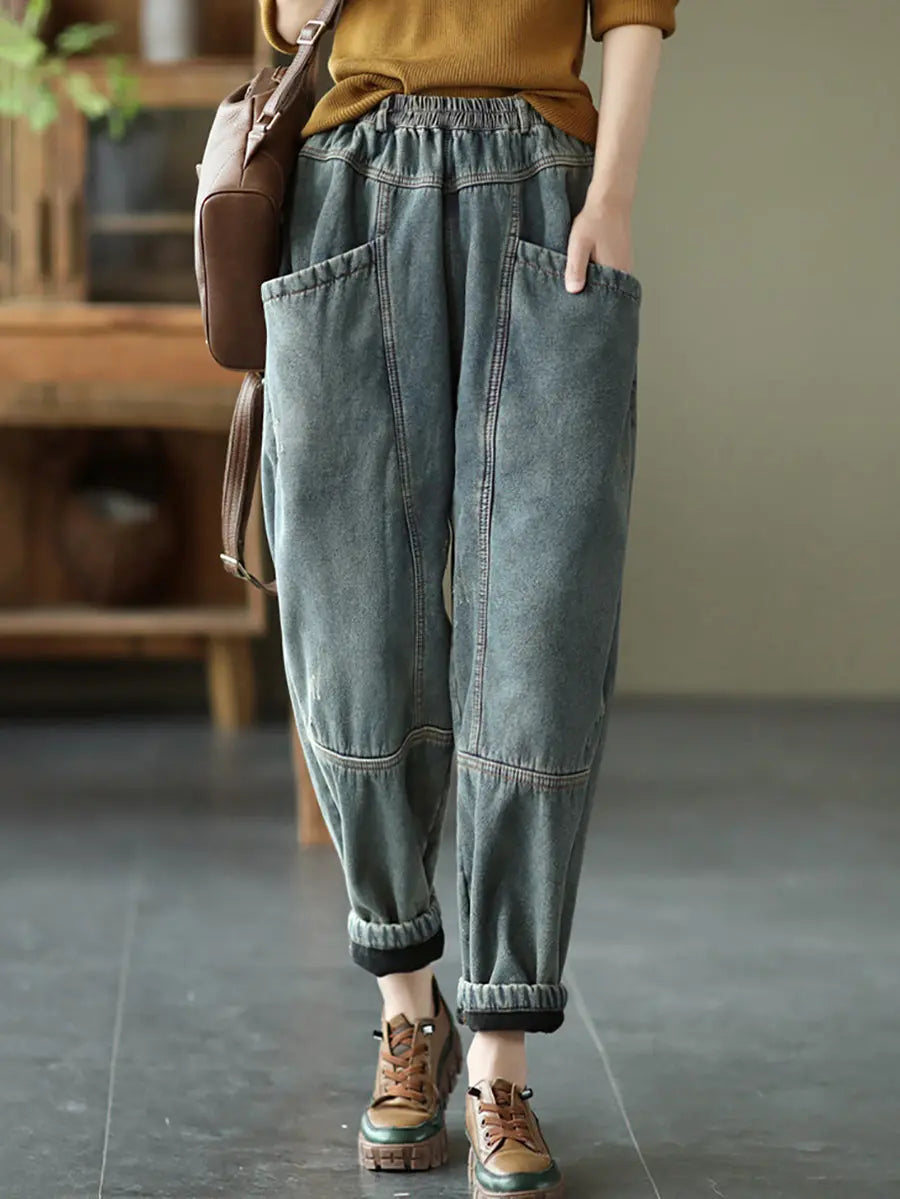 Spliced Denim Fleece-lined Pants
