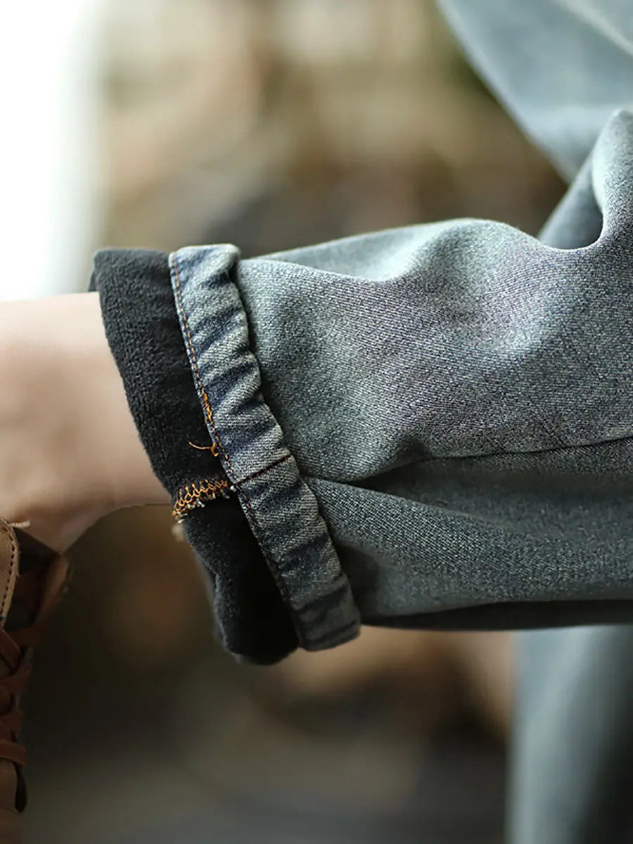 Spliced Denim Fleece-lined Pants