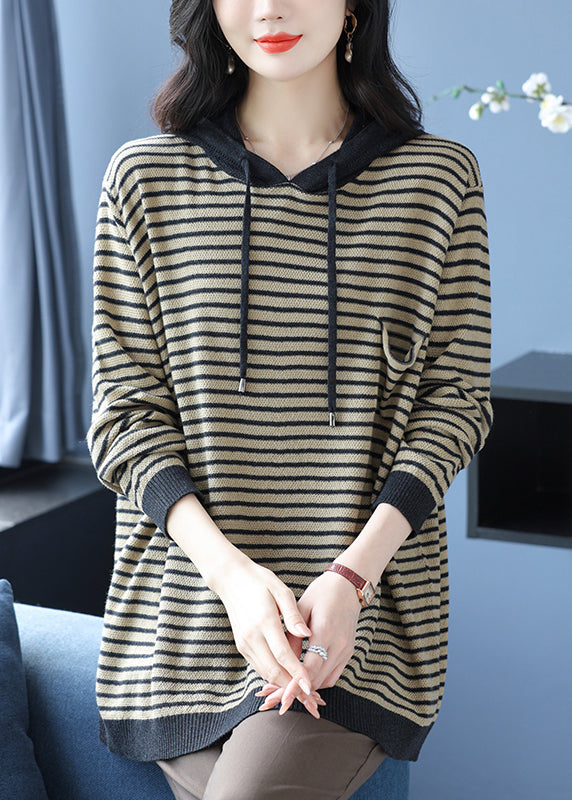 Yellow Hooded Striped Woolen Knit Sweaters Winter Rl028