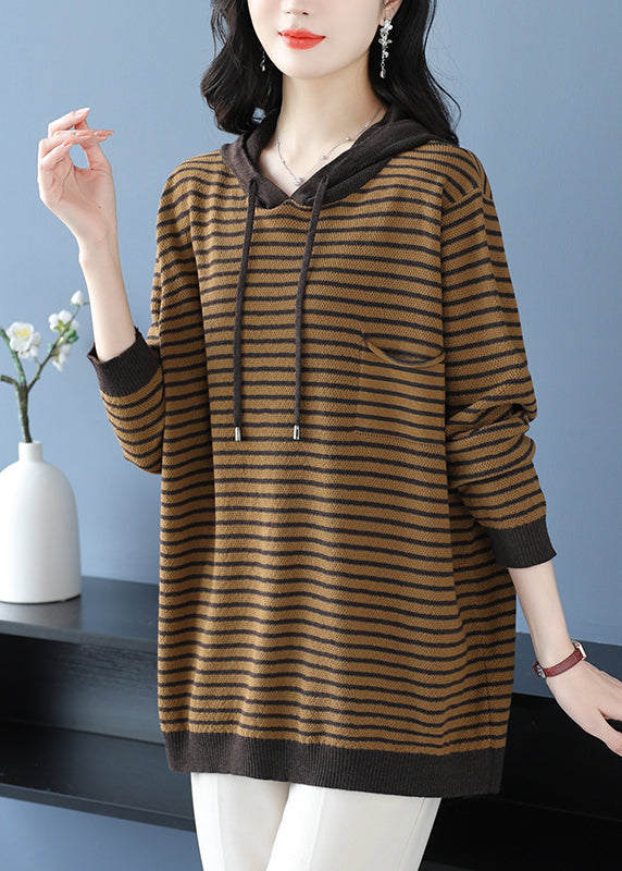 Yellow Hooded Striped Woolen Knit Sweaters Winter Rl028