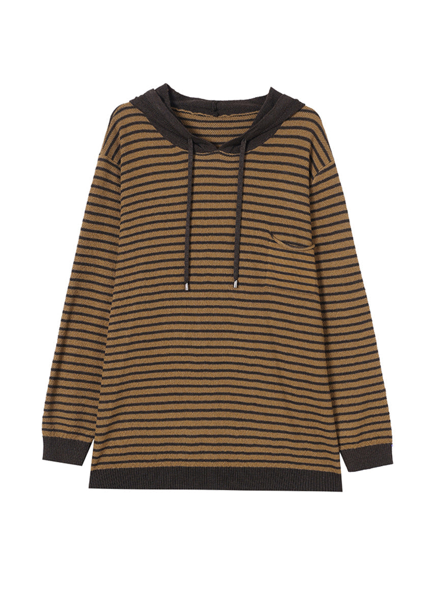 Yellow Hooded Striped Woolen Knit Sweaters Winter Rl028