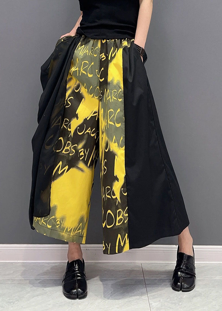 Yellow Letter Print Pockets Cotton Wide Leg Pants Spring Ly1592