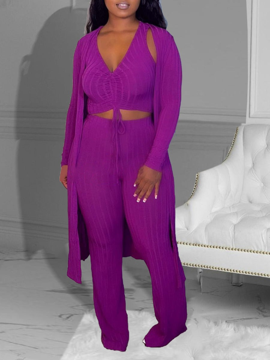 Crop Top Ruched Drawstring Three Piece Pants Set Bo3025