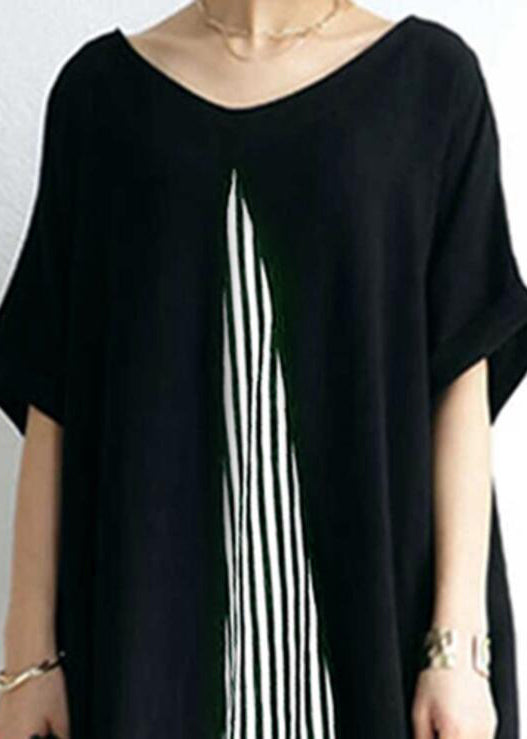 Pocket Short Sleeve Splicing Striped Color Black Maxi Dress Lc0019