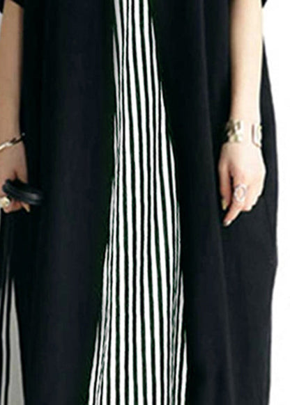 Pocket Short Sleeve Splicing Striped Color Black Maxi Dress Lc0019