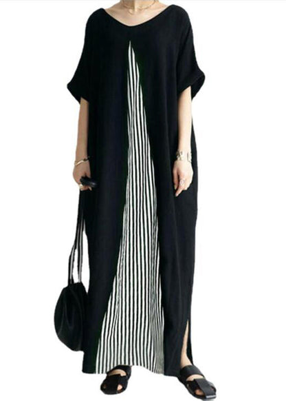Pocket Short Sleeve Splicing Striped Color Black Maxi Dress Lc0019