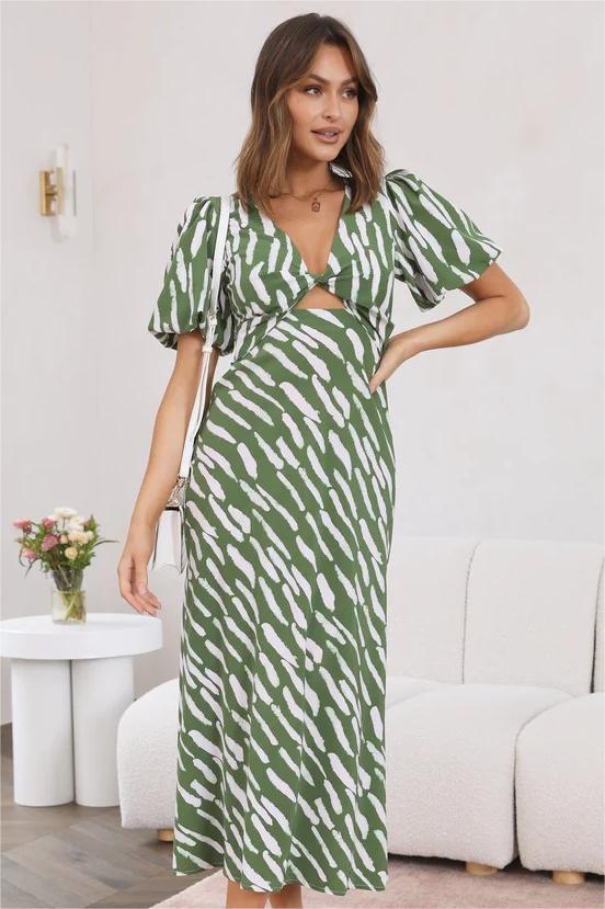 Print Puff Sleeve V-neck Cut-out Slit Midi Dress