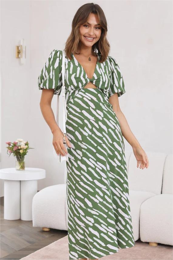 Print Puff Sleeve V-neck Cut-out Slit Midi Dress
