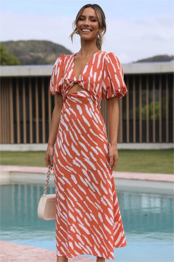 Print Puff Sleeve V-neck Cut-out Slit Midi Dress