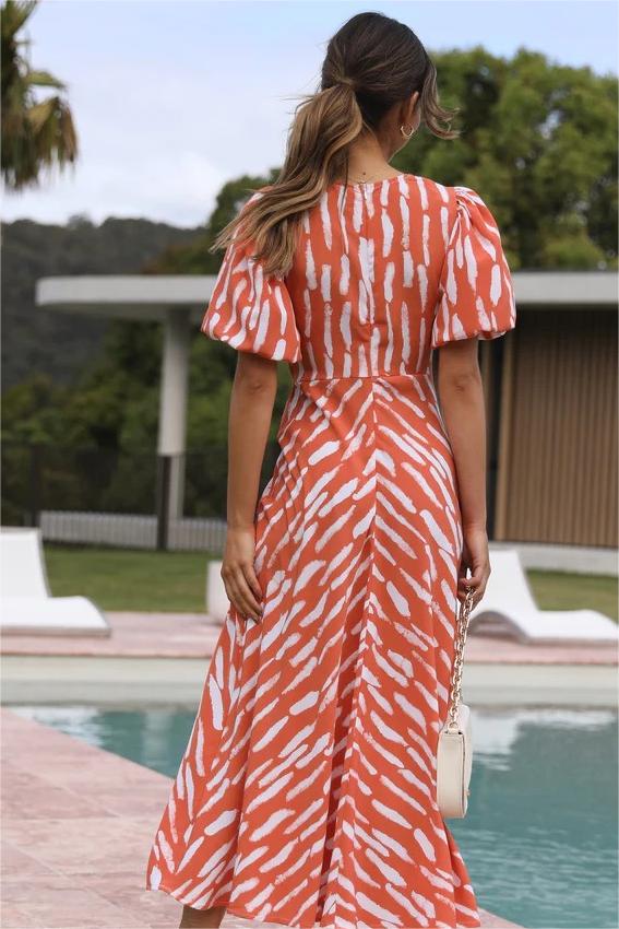 Print Puff Sleeve V-neck Cut-out Slit Midi Dress