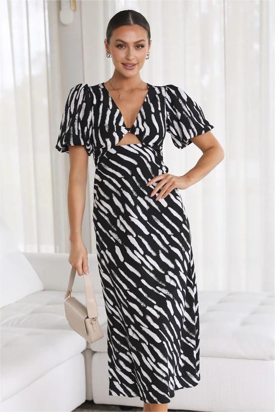 Print Puff Sleeve V-neck Cut-out Slit Midi Dress