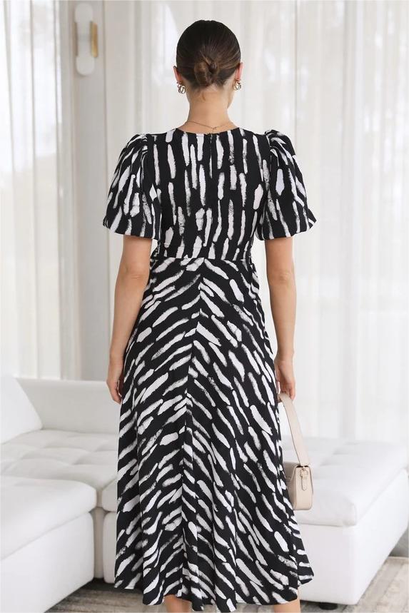 Print Puff Sleeve V-neck Cut-out Slit Midi Dress