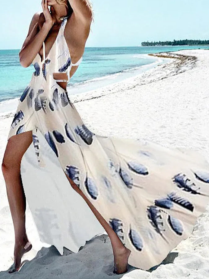 Printed Bandage Backless Maxi Dress