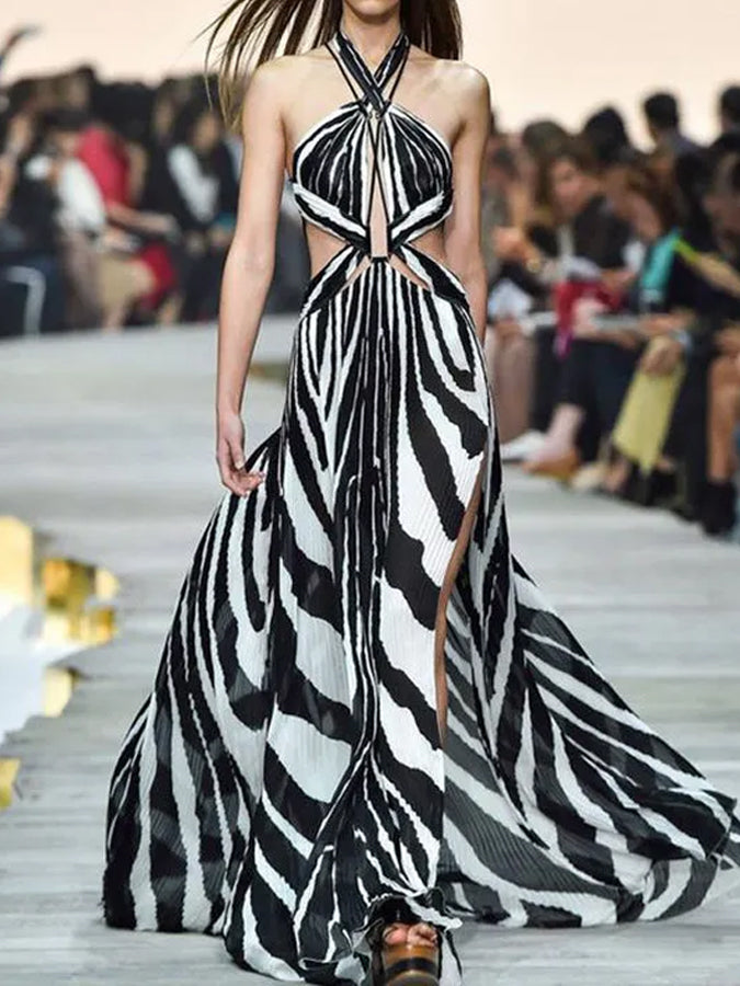 Printed Bandage Backless Maxi Dress