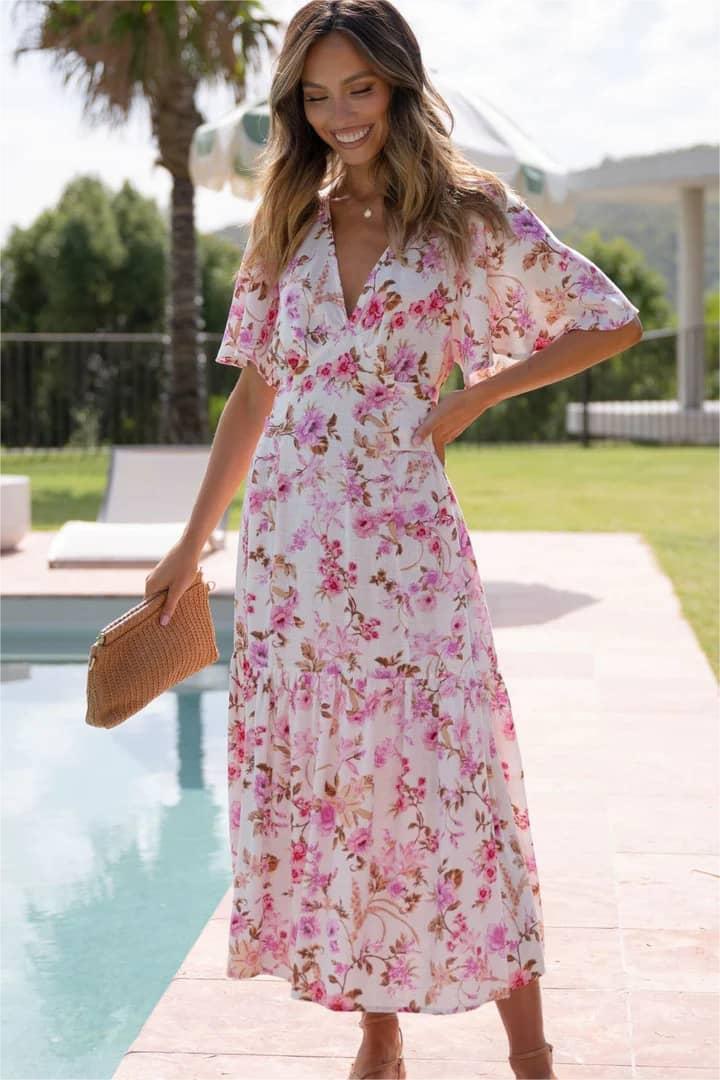 Printed V-neck Waist Short Sleeve Midi Dress