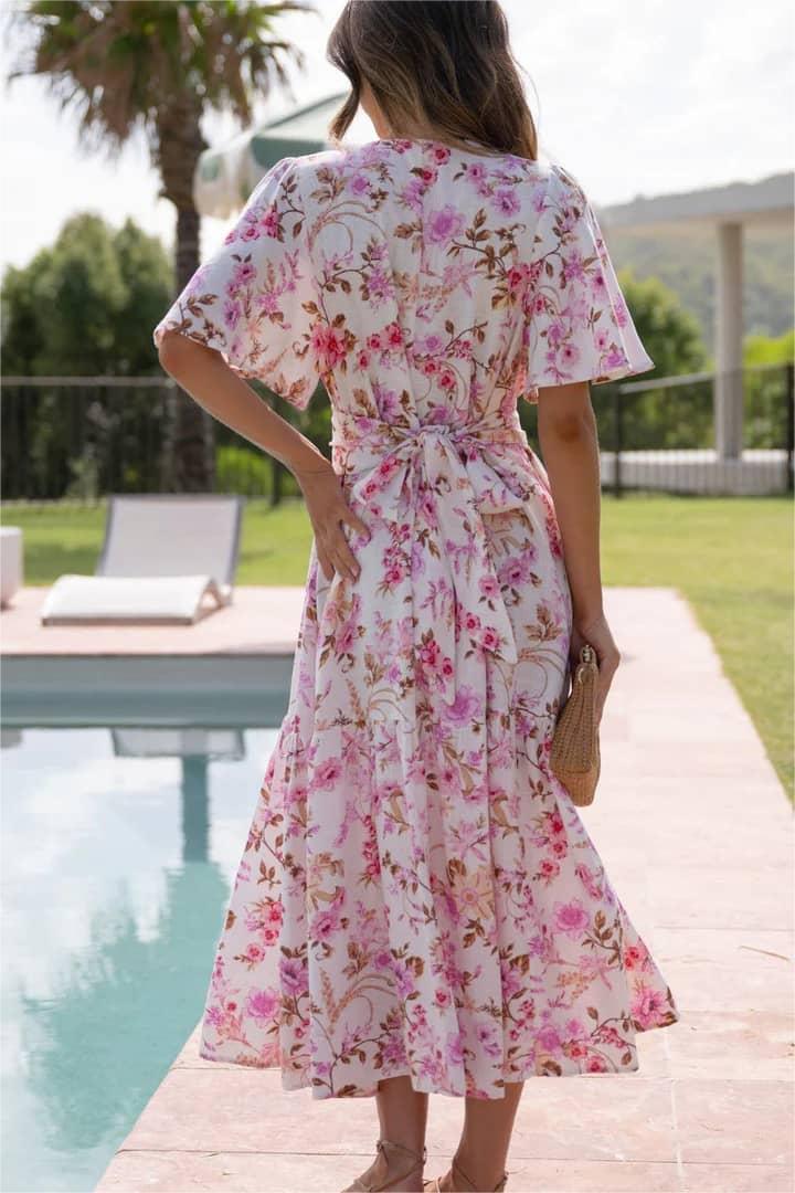Printed V-neck Waist Short Sleeve Midi Dress
