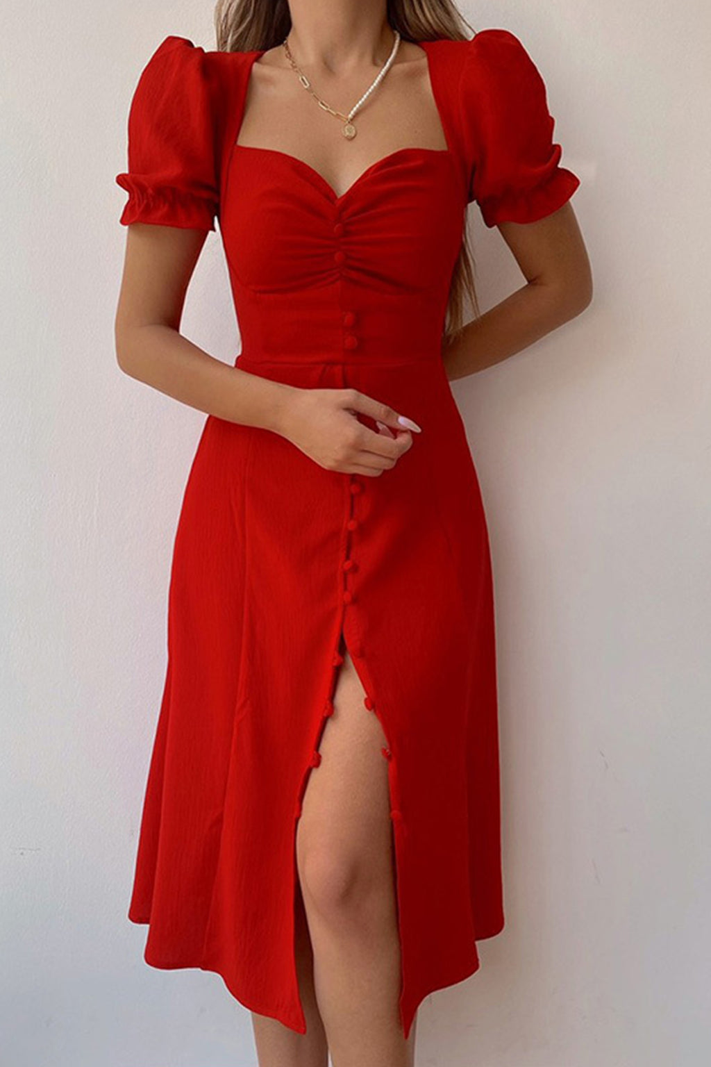 Puff Sleeve Single-breasted Midi Dress